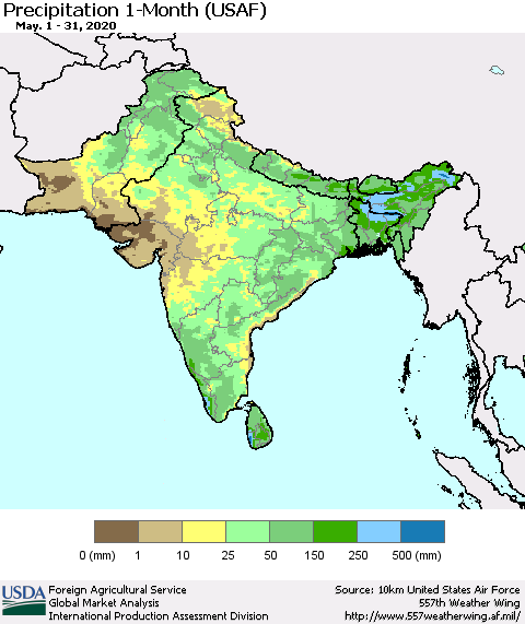 Southern Asia Precipitation 1-Month (USAF) Thematic Map For 5/1/2020 - 5/31/2020