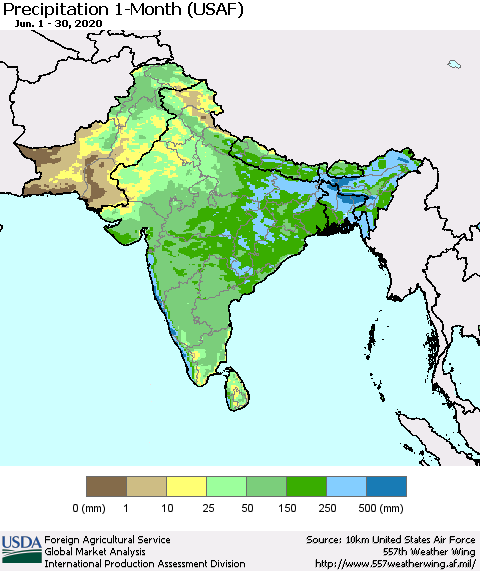 Southern Asia Precipitation 1-Month (USAF) Thematic Map For 6/1/2020 - 6/30/2020
