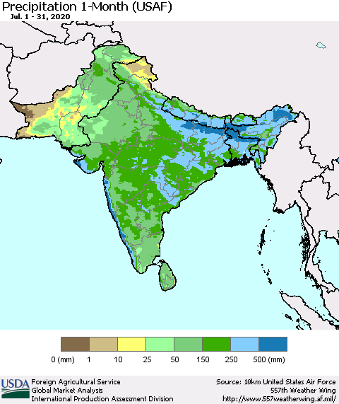 Southern Asia Precipitation 1-Month (USAF) Thematic Map For 7/1/2020 - 7/31/2020