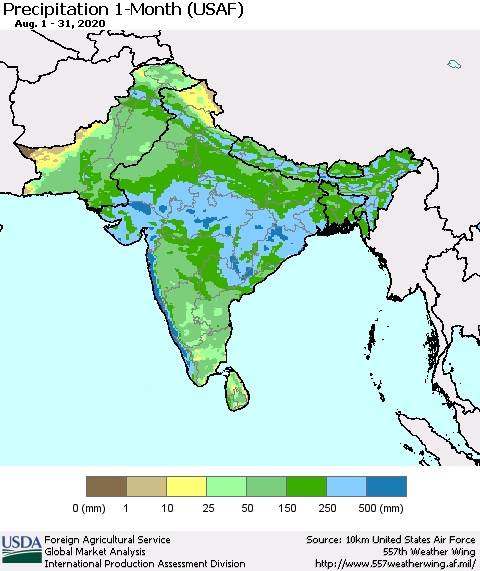 Southern Asia Precipitation 1-Month (USAF) Thematic Map For 8/1/2020 - 8/31/2020