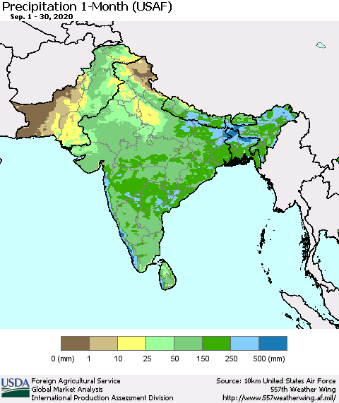 Southern Asia Precipitation 1-Month (USAF) Thematic Map For 9/1/2020 - 9/30/2020