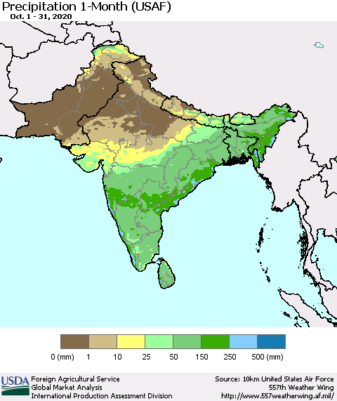 Southern Asia Precipitation 1-Month (USAF) Thematic Map For 10/1/2020 - 10/31/2020