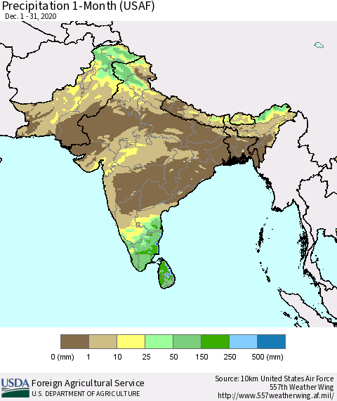 Southern Asia Precipitation 1-Month (USAF) Thematic Map For 12/1/2020 - 12/31/2020
