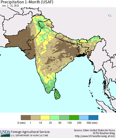 Southern Asia Precipitation 1-Month (USAF) Thematic Map For 1/1/2021 - 1/31/2021