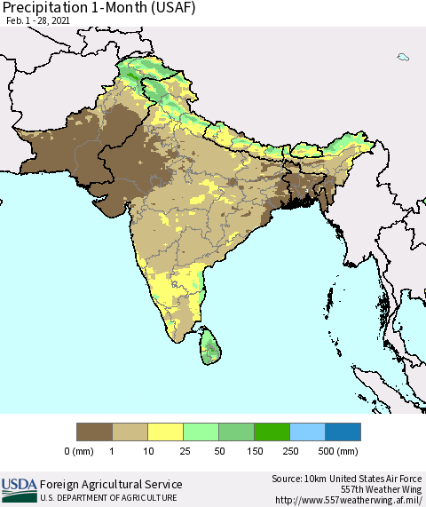 Southern Asia Precipitation 1-Month (USAF) Thematic Map For 2/1/2021 - 2/28/2021