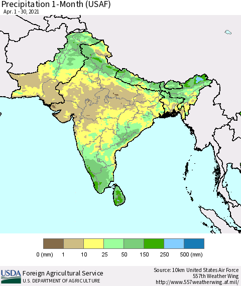 Southern Asia Precipitation 1-Month (USAF) Thematic Map For 4/1/2021 - 4/30/2021