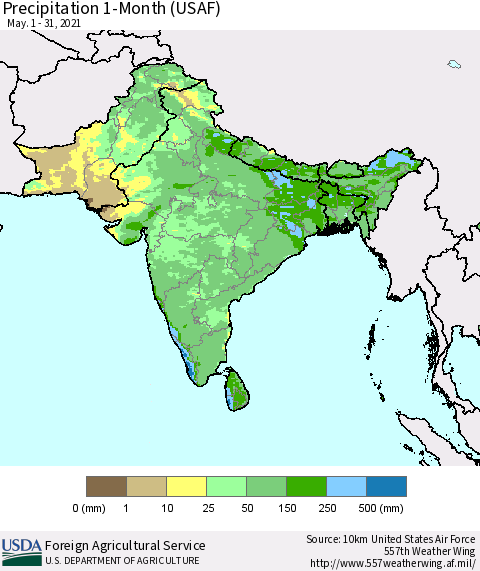 Southern Asia Precipitation 1-Month (USAF) Thematic Map For 5/1/2021 - 5/31/2021