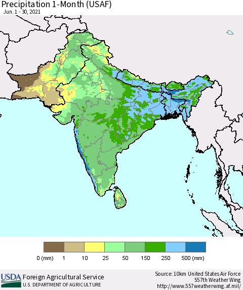 Southern Asia Precipitation 1-Month (USAF) Thematic Map For 6/1/2021 - 6/30/2021