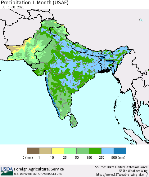 Southern Asia Precipitation 1-Month (USAF) Thematic Map For 7/1/2021 - 7/31/2021