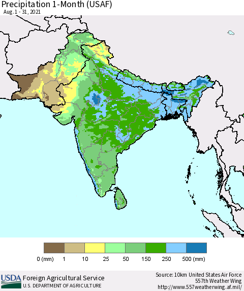 Southern Asia Precipitation 1-Month (USAF) Thematic Map For 8/1/2021 - 8/31/2021