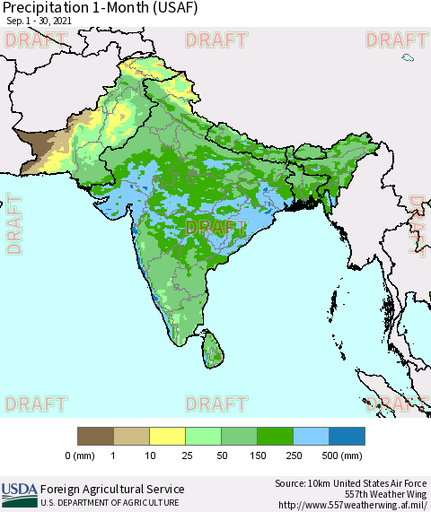Southern Asia Precipitation 1-Month (USAF) Thematic Map For 9/1/2021 - 9/30/2021