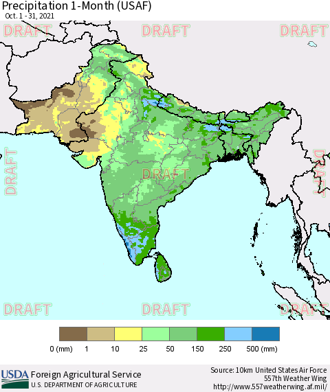 Southern Asia Precipitation 1-Month (USAF) Thematic Map For 10/1/2021 - 10/31/2021