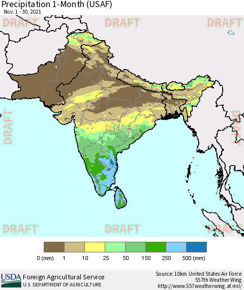 Southern Asia Precipitation 1-Month (USAF) Thematic Map For 11/1/2021 - 11/30/2021