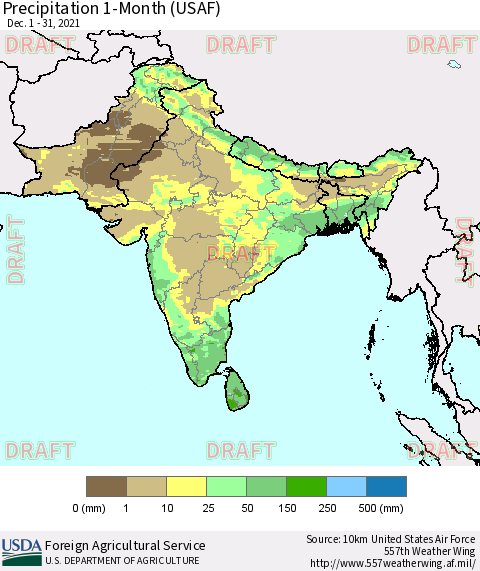 Southern Asia Precipitation 1-Month (USAF) Thematic Map For 12/1/2021 - 12/31/2021