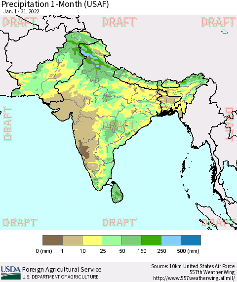Southern Asia Precipitation 1-Month (USAF) Thematic Map For 1/1/2022 - 1/31/2022