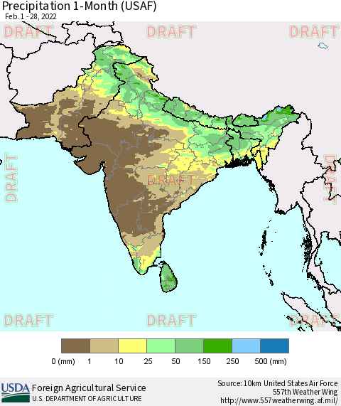 Southern Asia Precipitation 1-Month (USAF) Thematic Map For 2/1/2022 - 2/28/2022