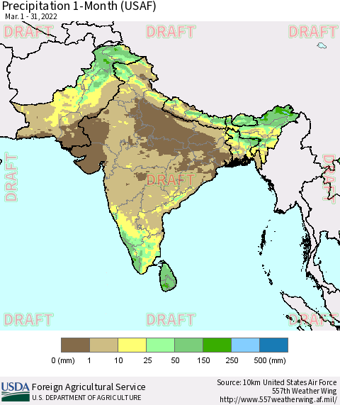 Southern Asia Precipitation 1-Month (USAF) Thematic Map For 3/1/2022 - 3/31/2022
