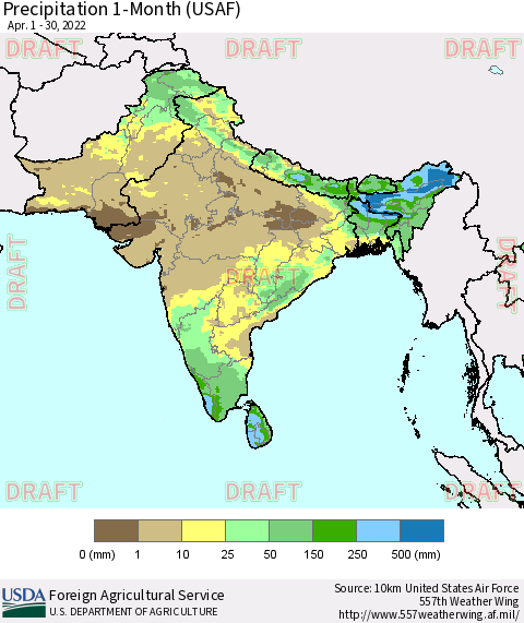 Southern Asia Precipitation 1-Month (USAF) Thematic Map For 4/1/2022 - 4/30/2022