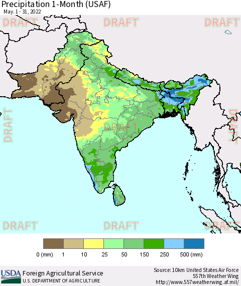 Southern Asia Precipitation 1-Month (USAF) Thematic Map For 5/1/2022 - 5/31/2022