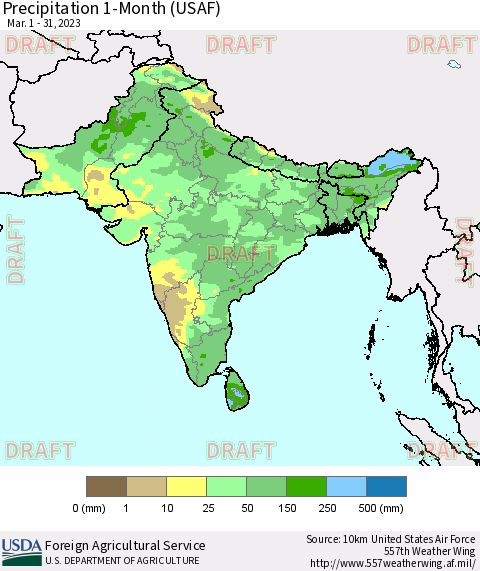 Southern Asia Precipitation 1-Month (USAF) Thematic Map For 3/1/2023 - 3/31/2023