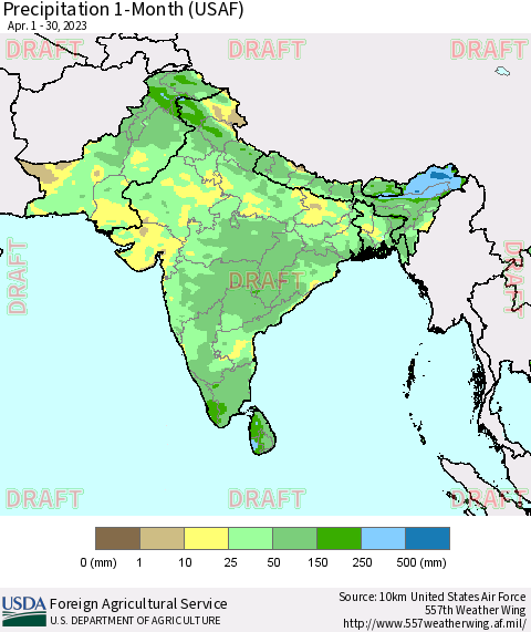 Southern Asia Precipitation 1-Month (USAF) Thematic Map For 4/1/2023 - 4/30/2023