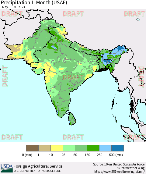 Southern Asia Precipitation 1-Month (USAF) Thematic Map For 5/1/2023 - 5/31/2023