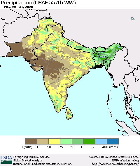Southern Asia Precipitation (USAF 557th WW) Thematic Map For 5/25/2020 - 5/31/2020