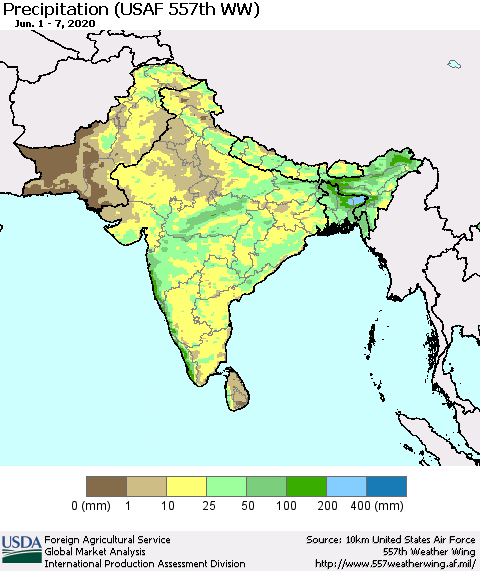 Southern Asia Precipitation (USAF 557th WW) Thematic Map For 6/1/2020 - 6/7/2020