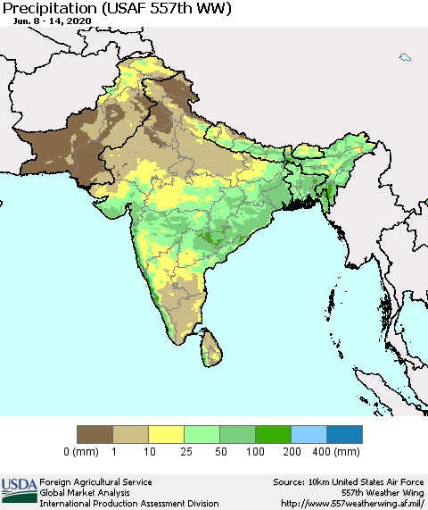 Southern Asia Precipitation (USAF 557th WW) Thematic Map For 6/8/2020 - 6/14/2020
