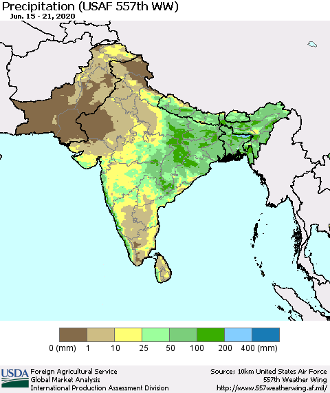 Southern Asia Precipitation (USAF 557th WW) Thematic Map For 6/15/2020 - 6/21/2020