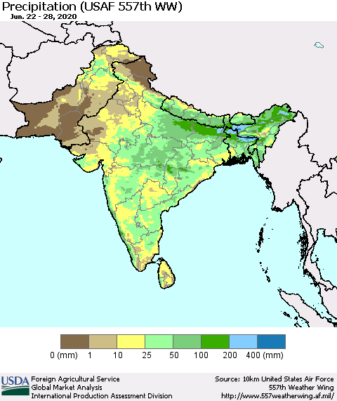 Southern Asia Precipitation (USAF 557th WW) Thematic Map For 6/22/2020 - 6/28/2020