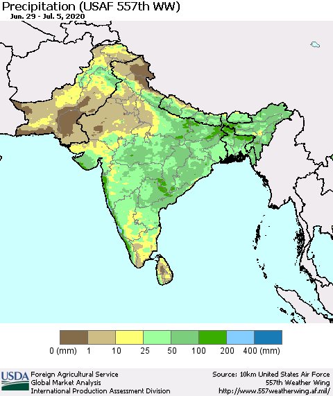 Southern Asia Precipitation (USAF 557th WW) Thematic Map For 6/29/2020 - 7/5/2020