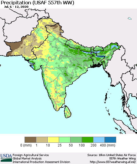 Southern Asia Precipitation (USAF 557th WW) Thematic Map For 7/6/2020 - 7/12/2020