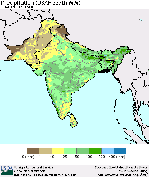 Southern Asia Precipitation (USAF 557th WW) Thematic Map For 7/13/2020 - 7/19/2020