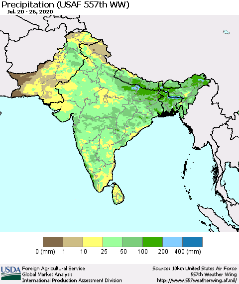 Southern Asia Precipitation (USAF 557th WW) Thematic Map For 7/20/2020 - 7/26/2020