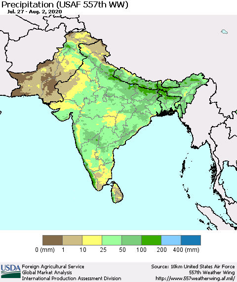 Southern Asia Precipitation (USAF 557th WW) Thematic Map For 7/27/2020 - 8/2/2020