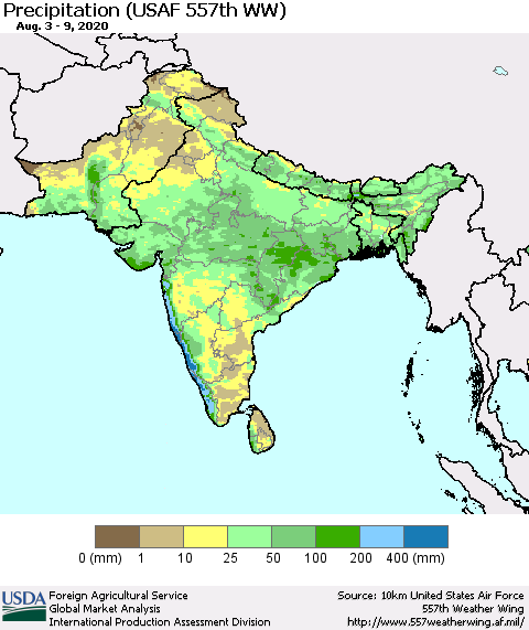 Southern Asia Precipitation (USAF 557th WW) Thematic Map For 8/3/2020 - 8/9/2020