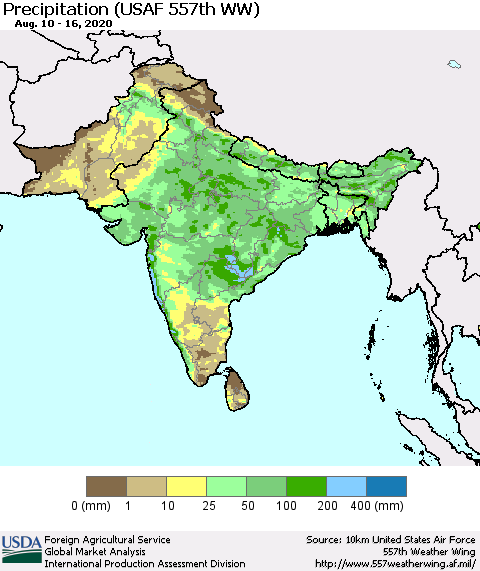 Southern Asia Precipitation (USAF 557th WW) Thematic Map For 8/10/2020 - 8/16/2020