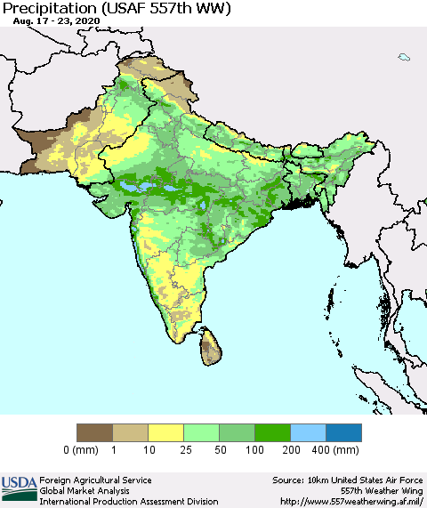 Southern Asia Precipitation (USAF 557th WW) Thematic Map For 8/17/2020 - 8/23/2020