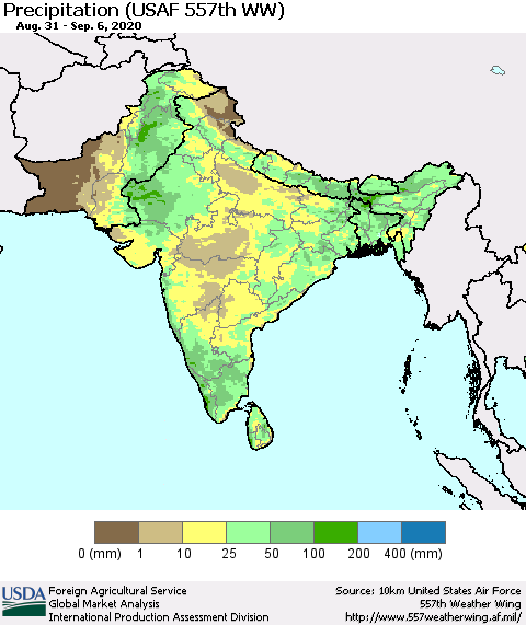 Southern Asia Precipitation (USAF 557th WW) Thematic Map For 8/31/2020 - 9/6/2020