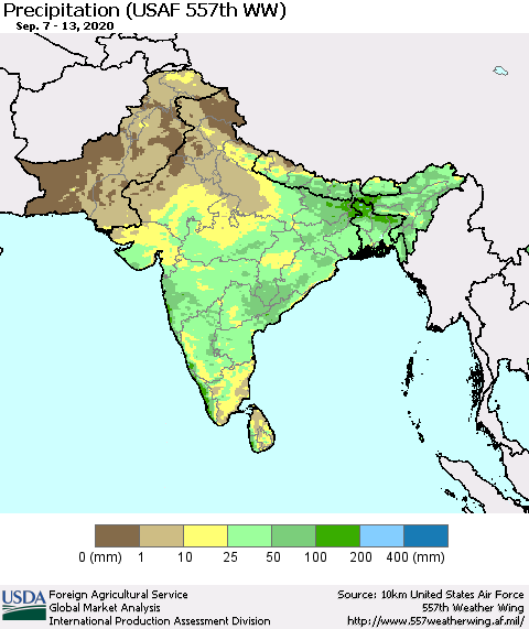 Southern Asia Precipitation (USAF 557th WW) Thematic Map For 9/7/2020 - 9/13/2020