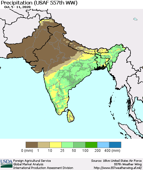 Southern Asia Precipitation (USAF 557th WW) Thematic Map For 10/5/2020 - 10/11/2020