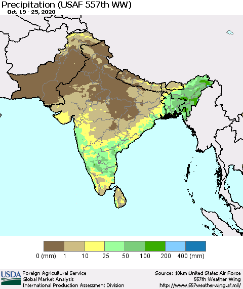 Southern Asia Precipitation (USAF 557th WW) Thematic Map For 10/19/2020 - 10/25/2020