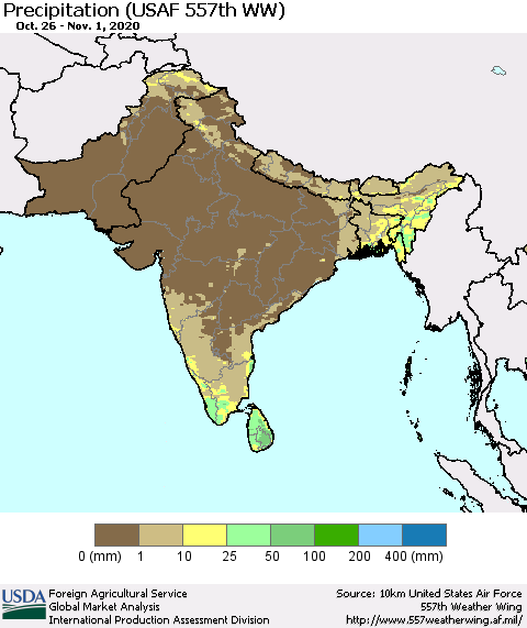 Southern Asia Precipitation (USAF 557th WW) Thematic Map For 10/26/2020 - 11/1/2020