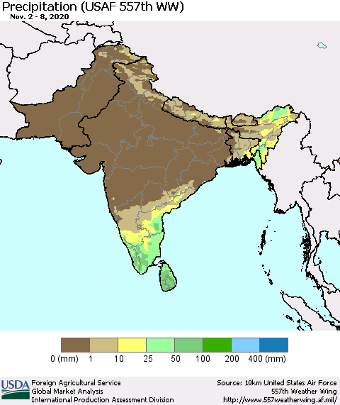 Southern Asia Precipitation (USAF 557th WW) Thematic Map For 11/2/2020 - 11/8/2020