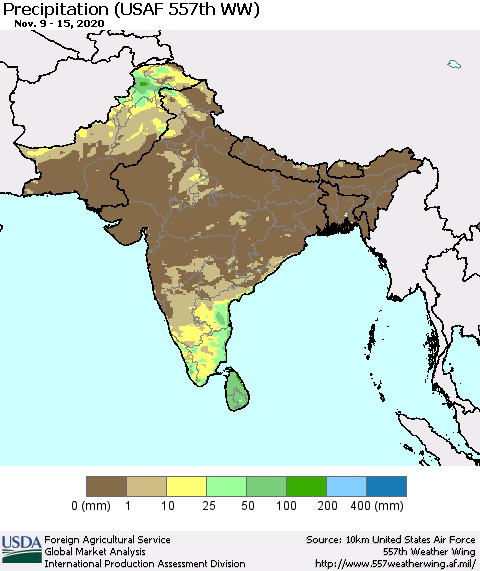 Southern Asia Precipitation (USAF 557th WW) Thematic Map For 11/9/2020 - 11/15/2020