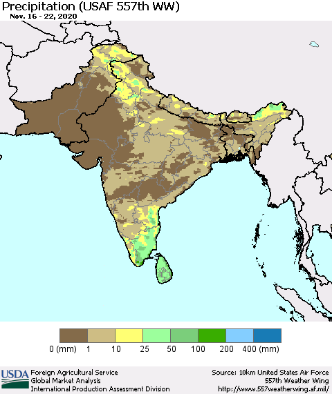Southern Asia Precipitation (USAF 557th WW) Thematic Map For 11/16/2020 - 11/22/2020