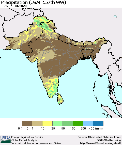 Southern Asia Precipitation (USAF 557th WW) Thematic Map For 12/7/2020 - 12/13/2020
