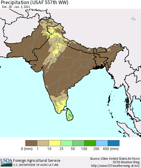 Southern Asia Precipitation (USAF 557th WW) Thematic Map For 12/28/2020 - 1/3/2021