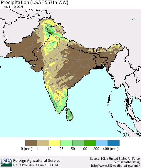 Southern Asia Precipitation (USAF 557th WW) Thematic Map For 1/4/2021 - 1/10/2021